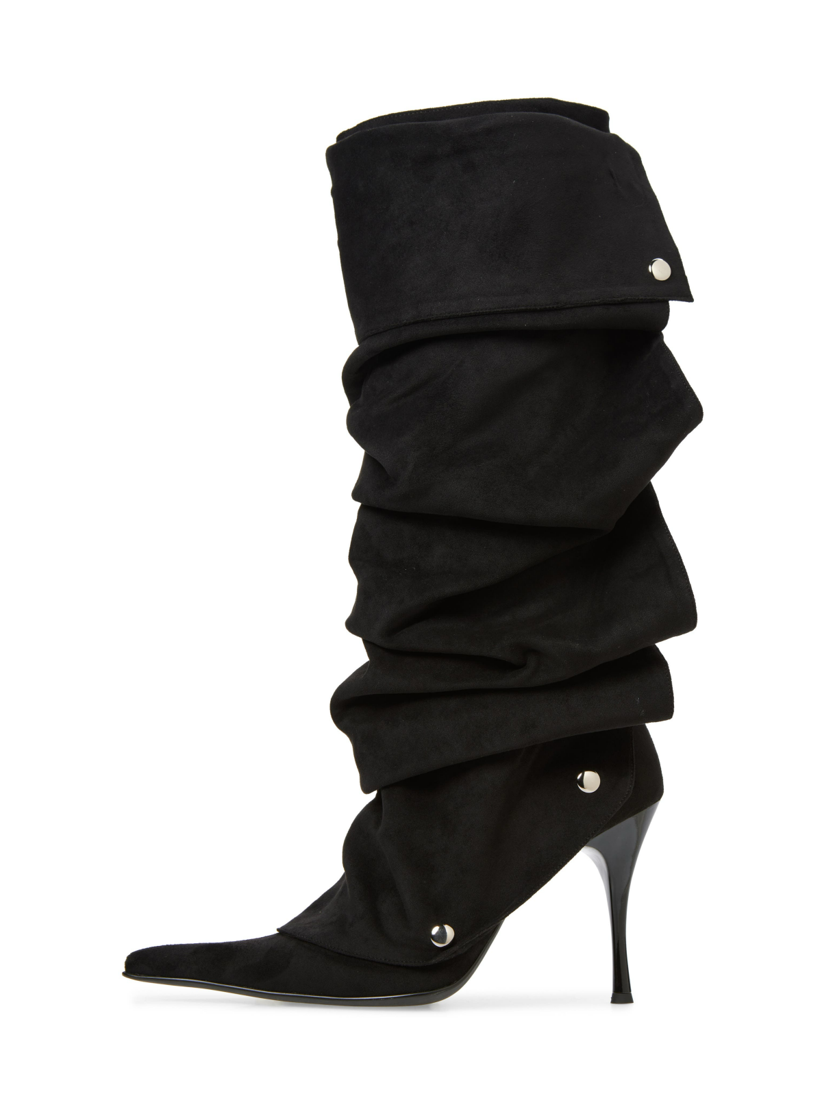 Taafo Black Faux Suede Pointed-Toe Studded Superslouchy Wide Calf Stiletto Boots