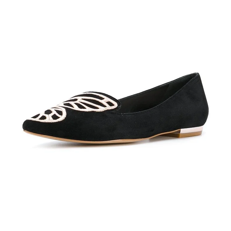 Black Suede Embroidery Butterfly Comfortable Flats |FSJ Shoes