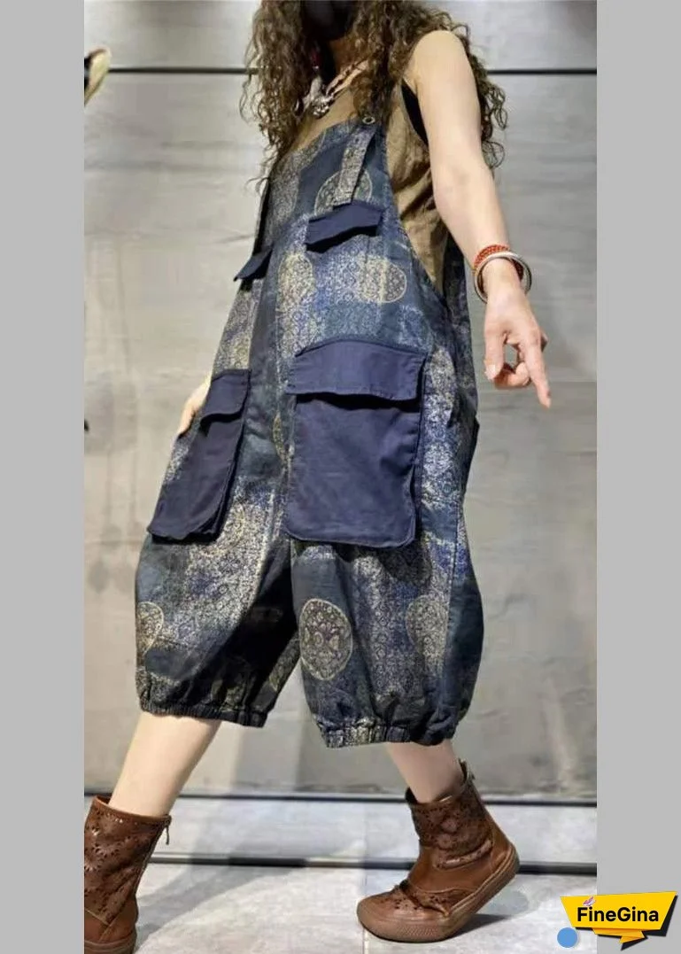 Plus Size Blue Print Oversized Pockets Patchwork Cotton Denim Jumpsuit Summer