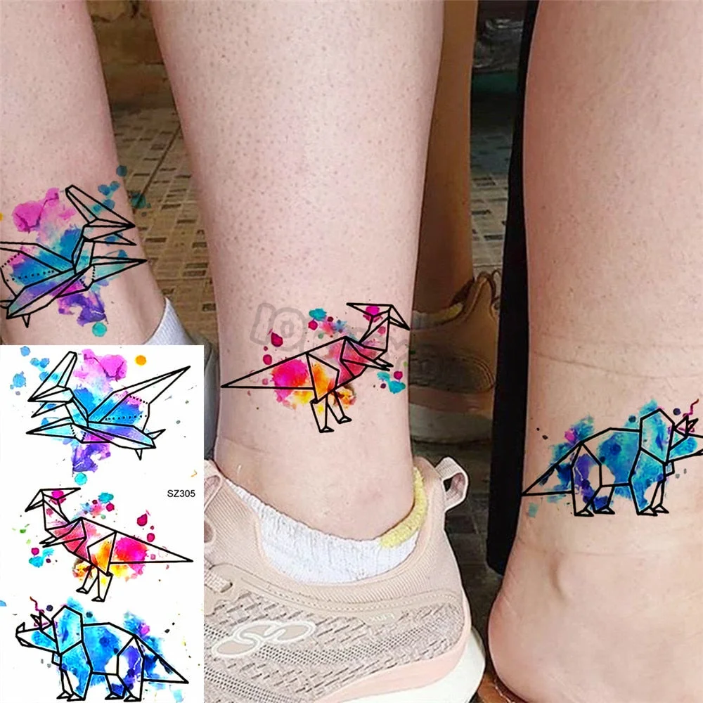 Colorful Dinosaur Temporary Tattoos For Kids Girls Rose Flower Lavender Hummingbird Fake Tattoo Sticker Forearm Neck Tatoos Show