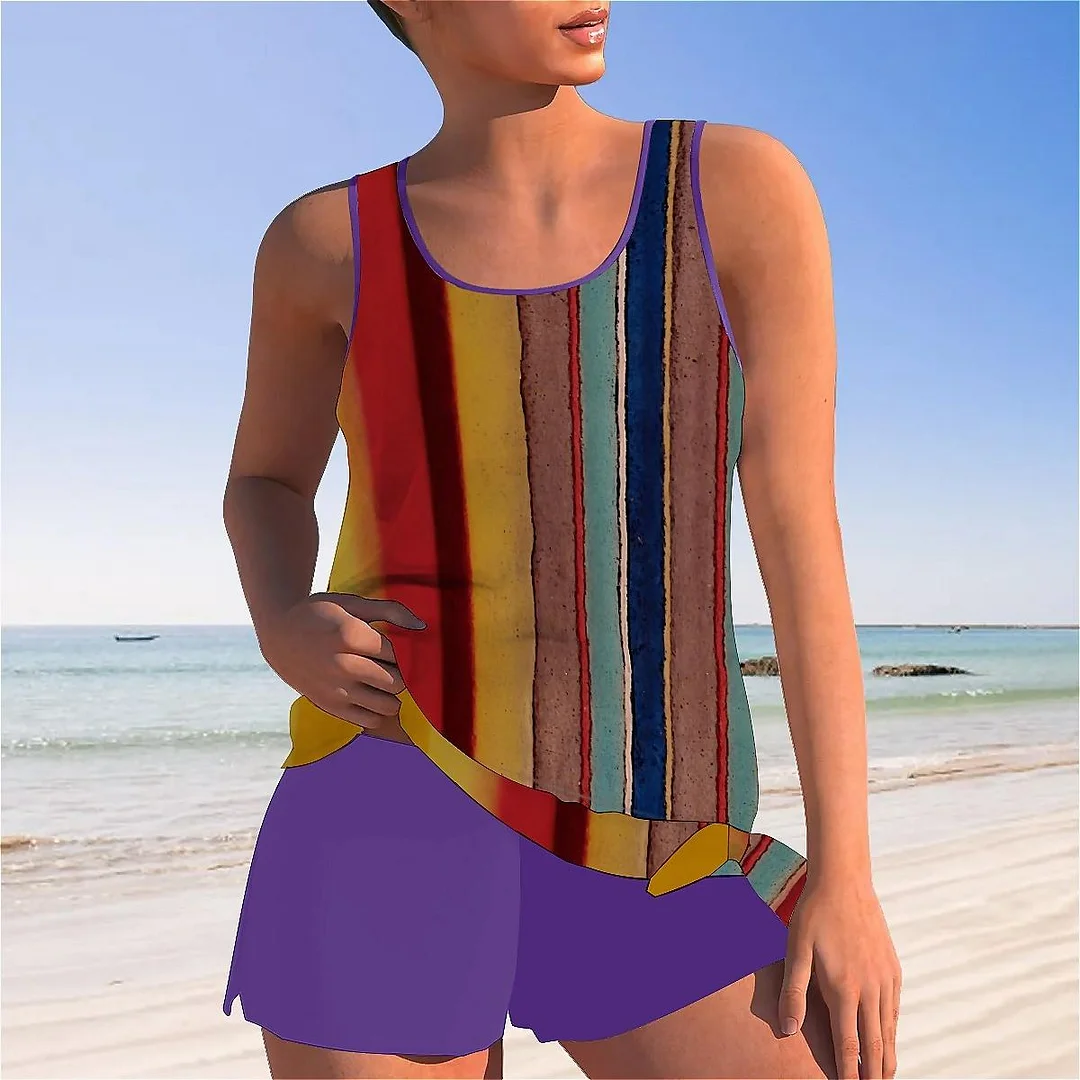 Bowknot Striped,Blue,Red,Brown Mid Waisted Tankini Set - Plus Size Available
