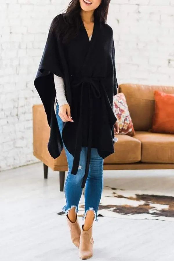 Solid Color Belt Batwing Sleeve Coat