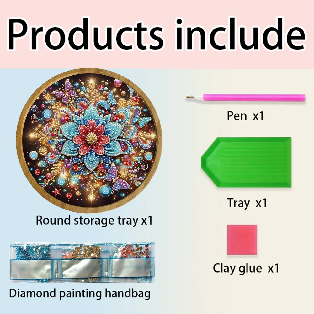 DIY Diamond Painting Kit Round Wooden Tray Diamond Painting Tray (Mandala E)