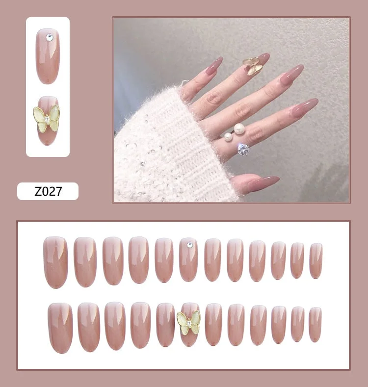 24pcs Stereoscopic Butterfly Light Luxury Elegant Nude Lady Style Removable Nail False Nail Manicure Tool-Nail Inspo