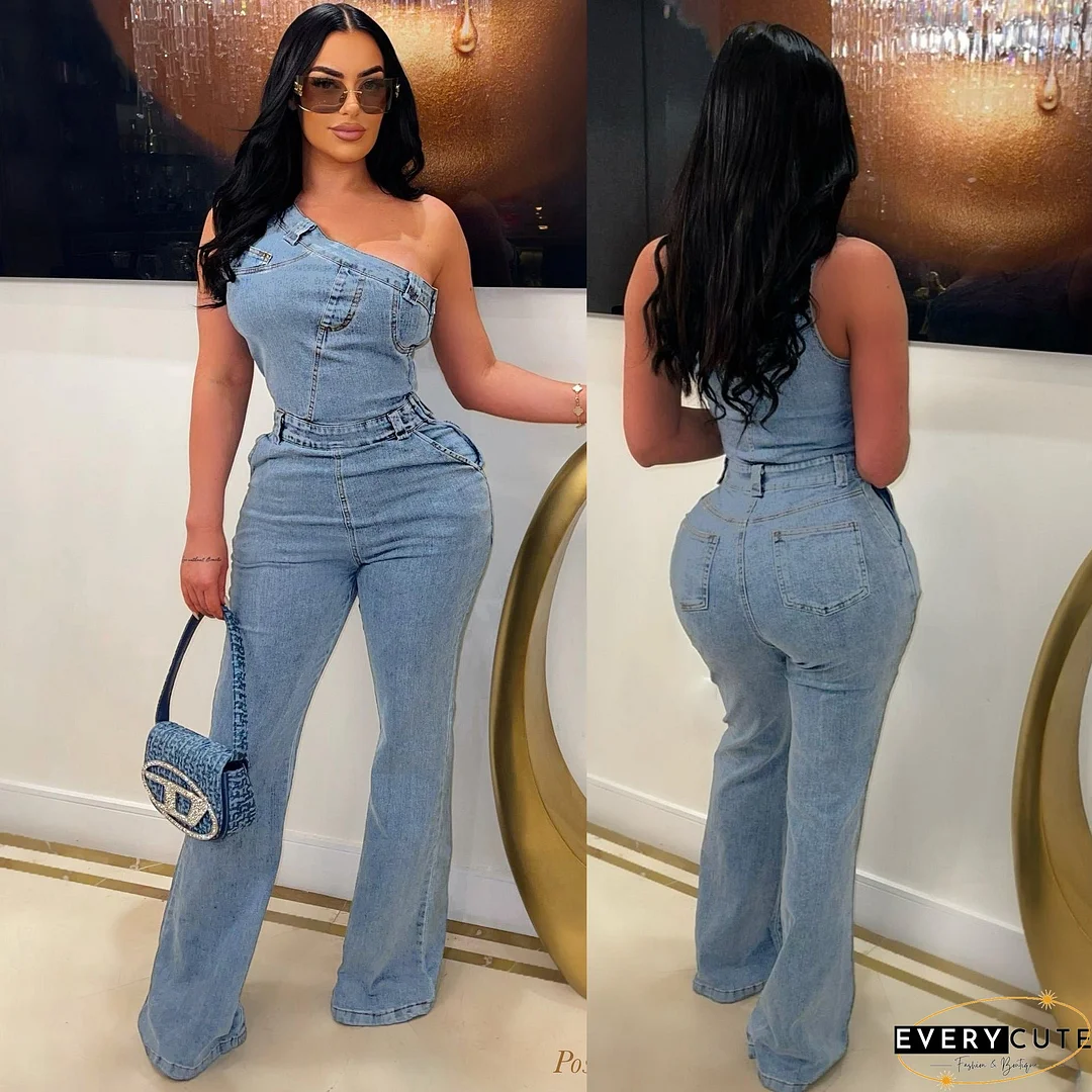 Slant Shoulder Tight Waist Slim Elastic Wash Jumpsuits