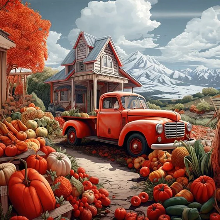 Classic Car Pumpkin   - Full Round - Diamond Painting(30*30cm)