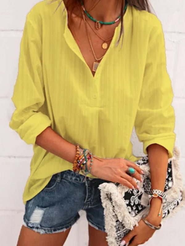 Women's Pure Color V Neck Long Sleeveds Casual Linen Top
