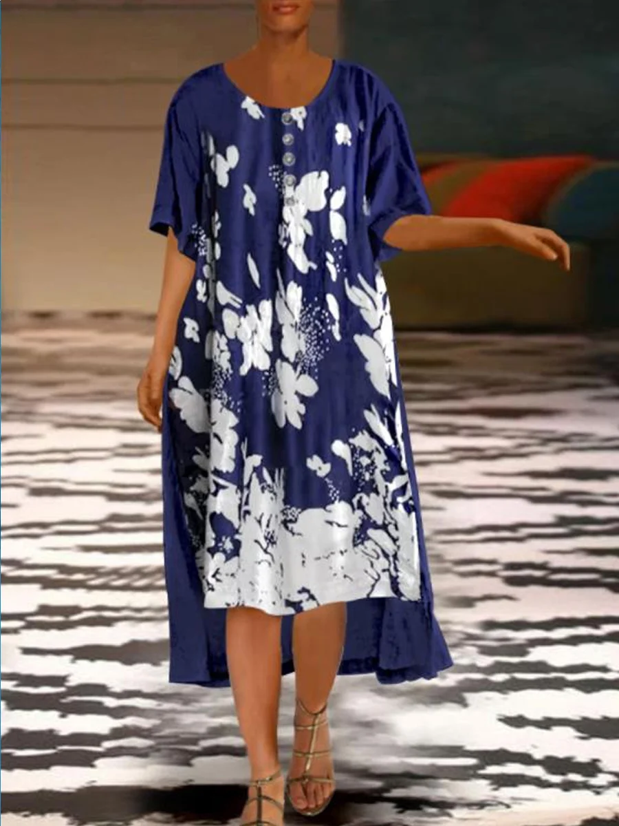 Fashion Print Short Sleeve Irregular Long Dress