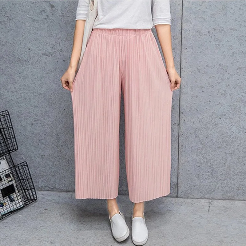 Fold Pleated Palazzo Pants Women Bottoms  Female Casual Pants Mid Waist Wide Leg Pants For Women