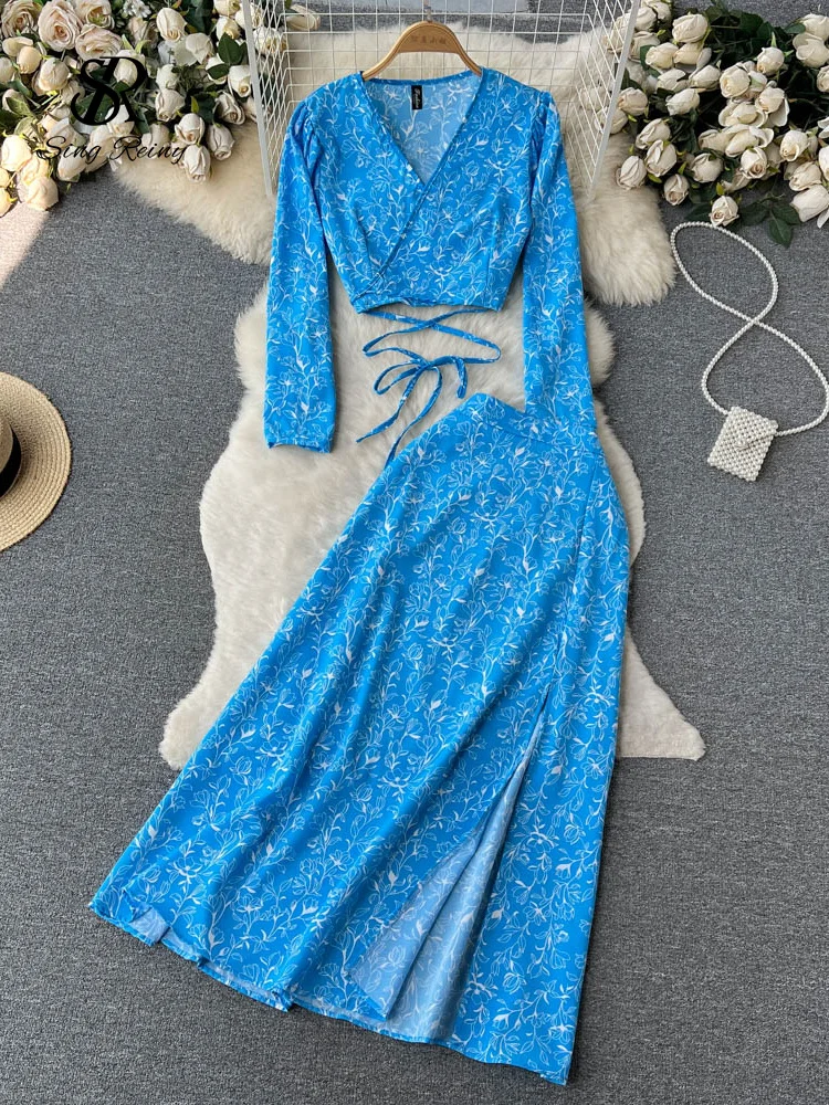 Huibahe Women Chiffon Vacation Bohemian Two Pieces Suits Summer Lace Up Top+ Split Long Skirt Sets Y2K Floral Print Beach Sets