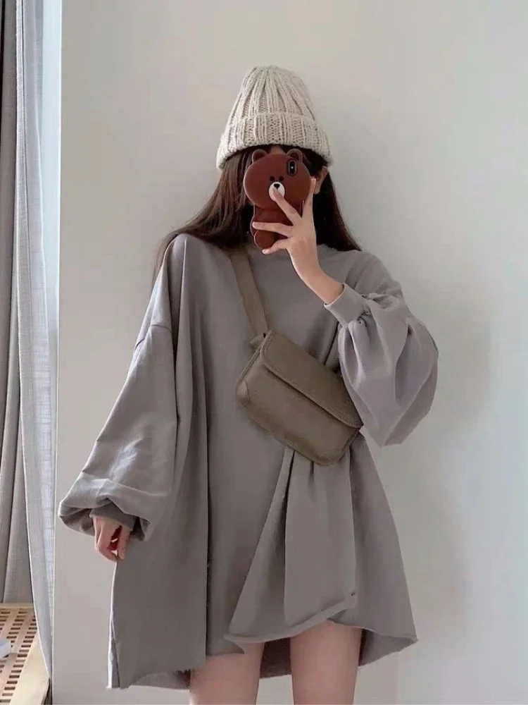 Huibahe Korean Fashion Solid Hoodies Women Harajuku Hip Hop Plus Size Sweatshirts Long Sleeve Loose Casual O-neck Tops Grunge