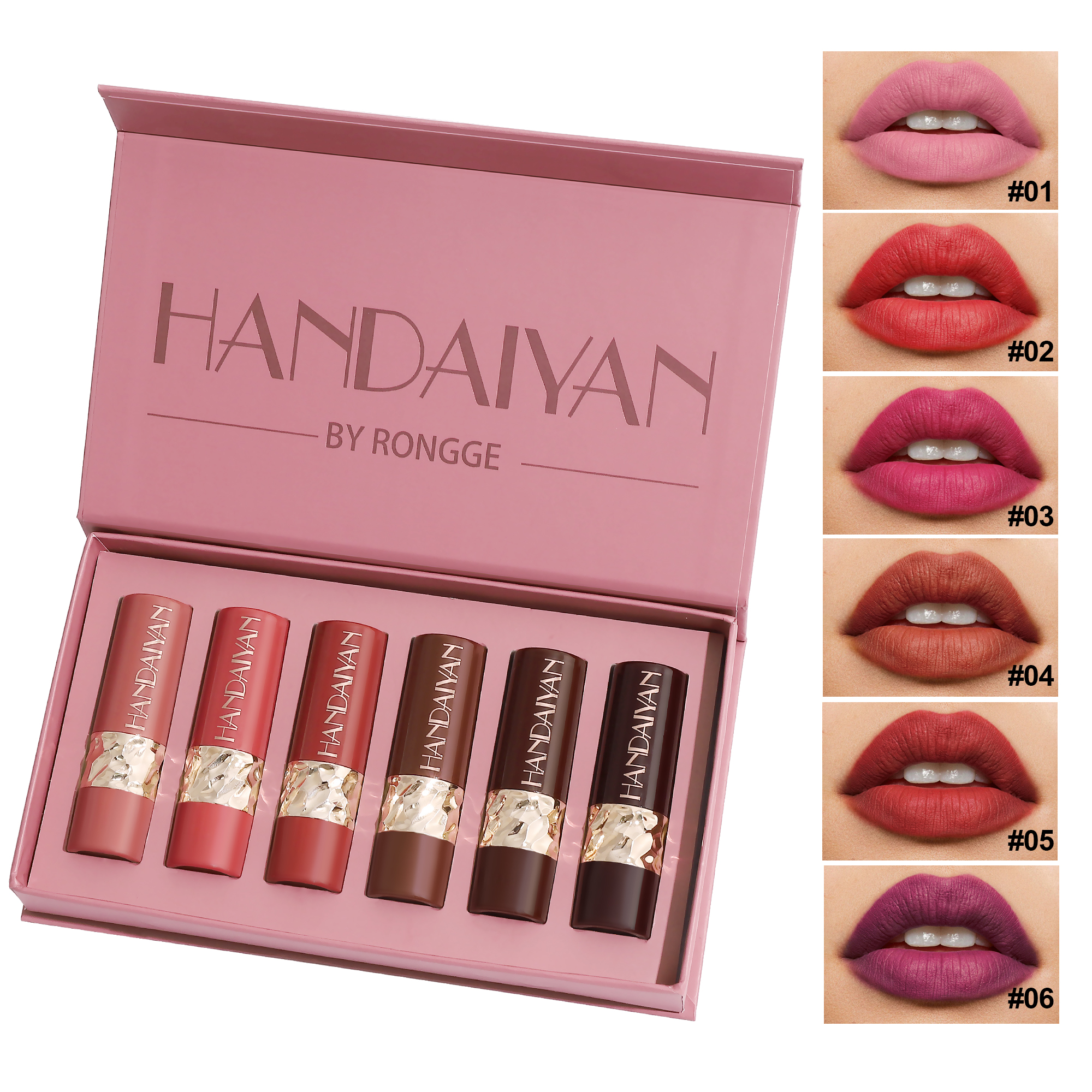 HANDAIYAN 6 colors Matte Lipstick Set Velvet Long-Lasting Natural Easy-Tinting Women's Lips Makeup Cosmetics Waterproof