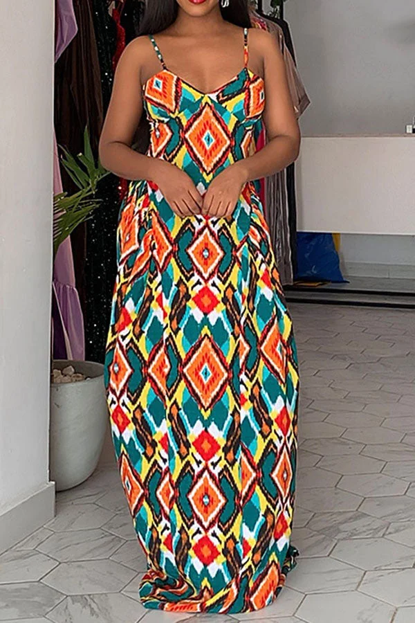 Colorful Geometric Print Feminine Swing Maxi Dress