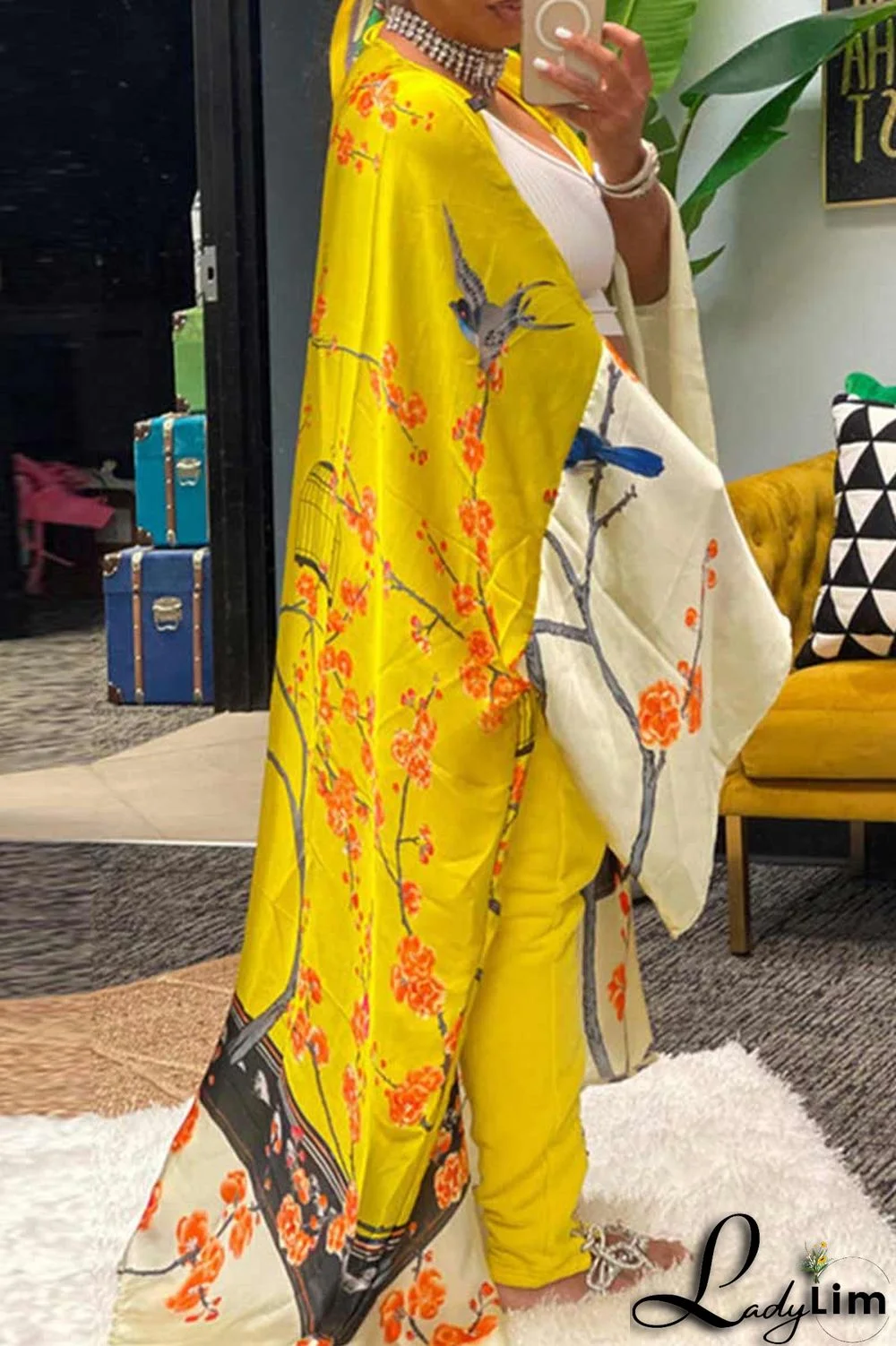 Yellow Fashion Casual Print Patchwork Outerwear(Without Belt)