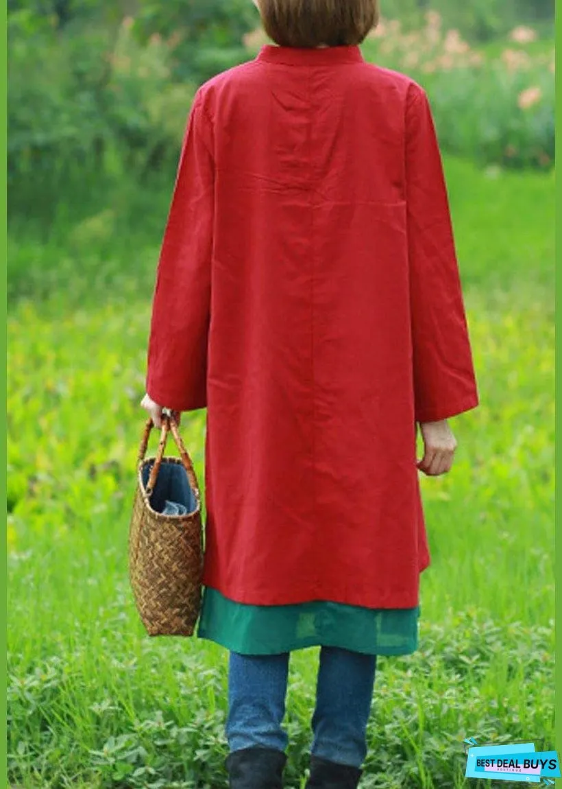 Women Red Embroidery Quilting Clothes Stand Collar Long Spring Dress