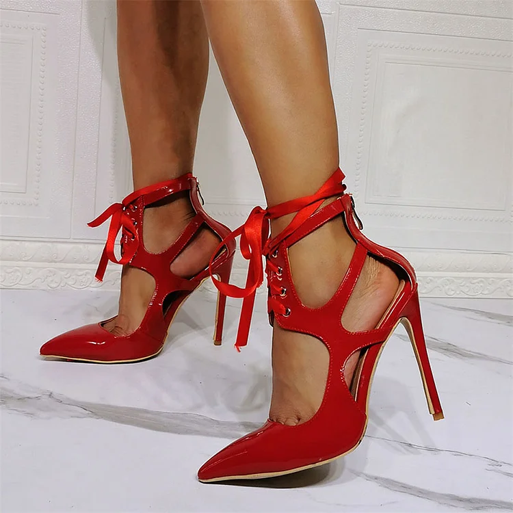 Red Lace-Up Stiletto Pumps  's Office Attire. Vdcoo