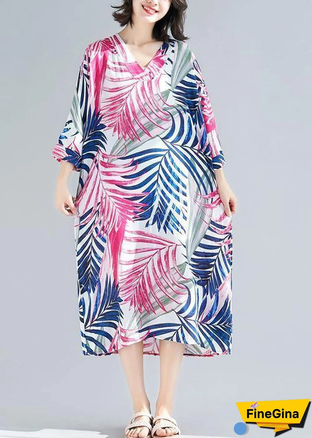 Handmade rose print cotton Women v neck tie waist A Line summer Dresses