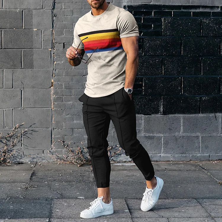 BrosWear Fashion Color Rainbow Short Sleeve T-Shirt  And Pants Co-Ord