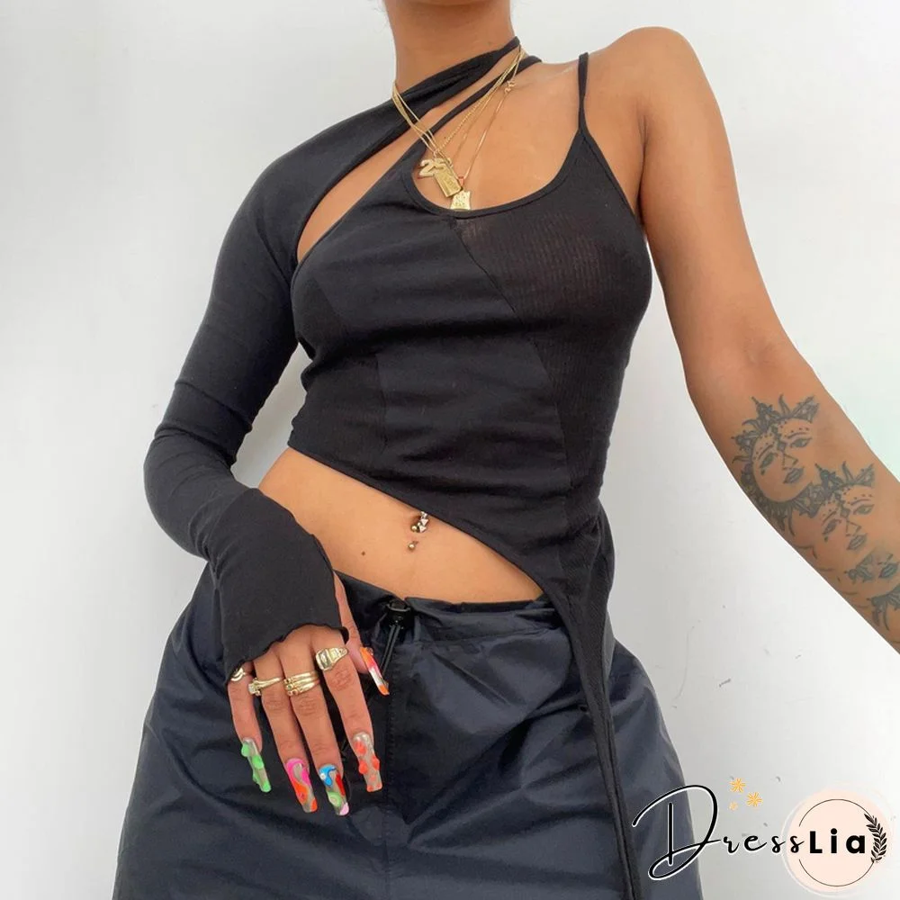 Street Sexy One Shoulder Hollow Out Tie Up Halter Crop Top Women Long Sleeve Backless Solid Slim Fit T-Shirt Exposed Navel Tee