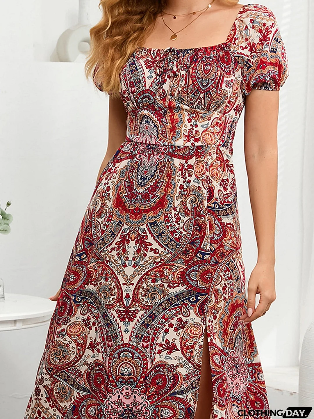 Printed Square Neck Short Sleeve Slit Dress