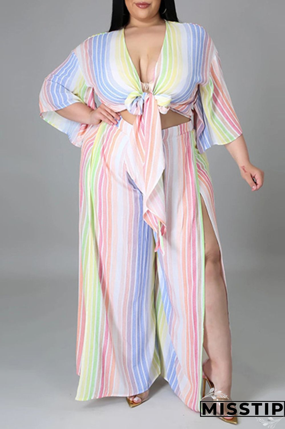 Colour Fashion Casual Striped Print Hollowed Out Slit V Neck Plus Size Two Pieces