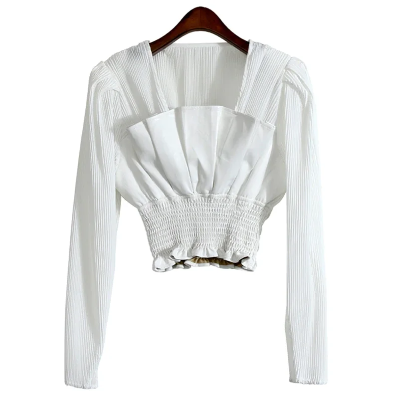 Pongl White Elegant Fold Pleated Slim Shirts Female Square Collar Long Sleeve Korean Fashion Blouses 2022 Spring Clothing