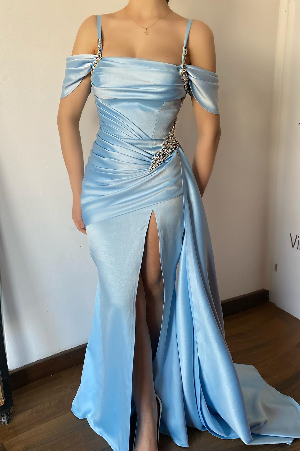 Dresseswow Sky Blue Off-The-Shoulder Spaghetti-Straps Mermaid Prom Dress Beaded With Split