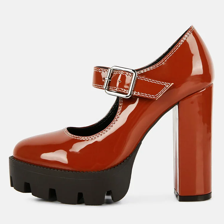 FSJ Brown Patent Leather High Block Heel Platform Mary Janes |FSJ Shoes
