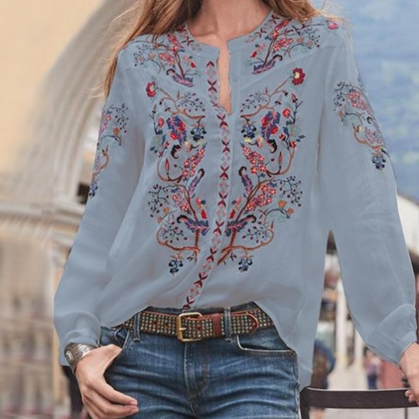 New Women Fashion Long Sleeve Floral Print Loose Casual Shirts