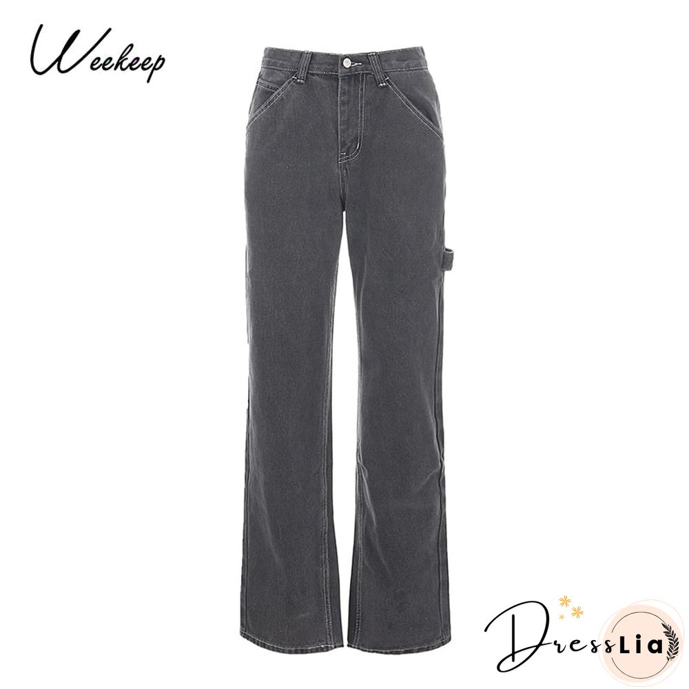 Weekeep Wide-leg Straigh Gray Women's Jeans High Waist High Street Pants Loose Large Pocket Full Length Jeans Women