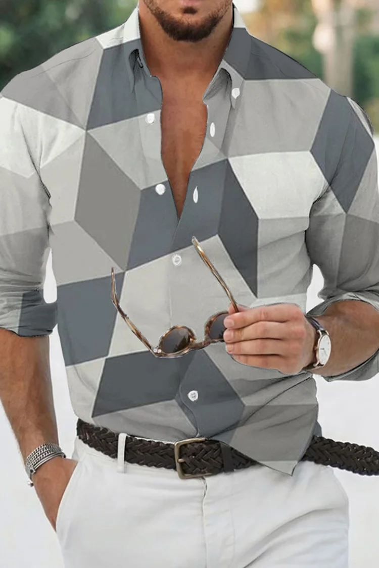 Tiboyz Colorblock Geometric Pattern Long Sleeve Shirt