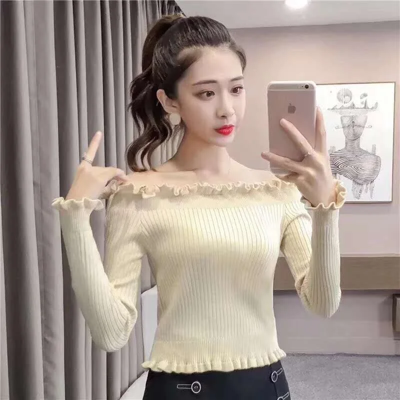 Ruffle Off Shoulder Top Blouse Women Knitted Shirt Long Sleeve Vintage Clothes Backless Sexy Tee Shirt 2021 Korean Fashion