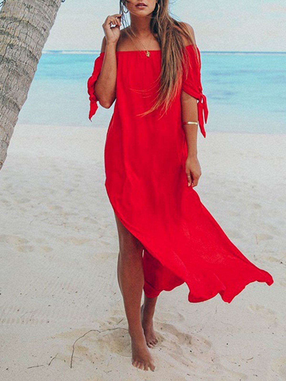 Woman Off Shoulder Solid Boho Slit Vacation Dress