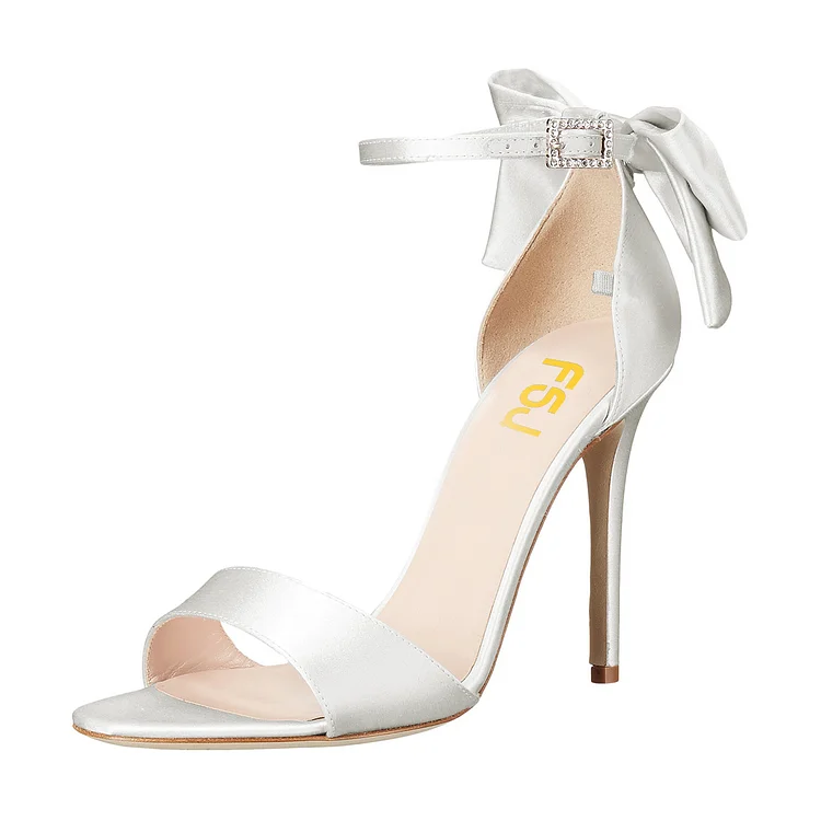 Women's White Ankle Strap Bow Stiletto Heel Bridal Sandals |FSJ Shoes