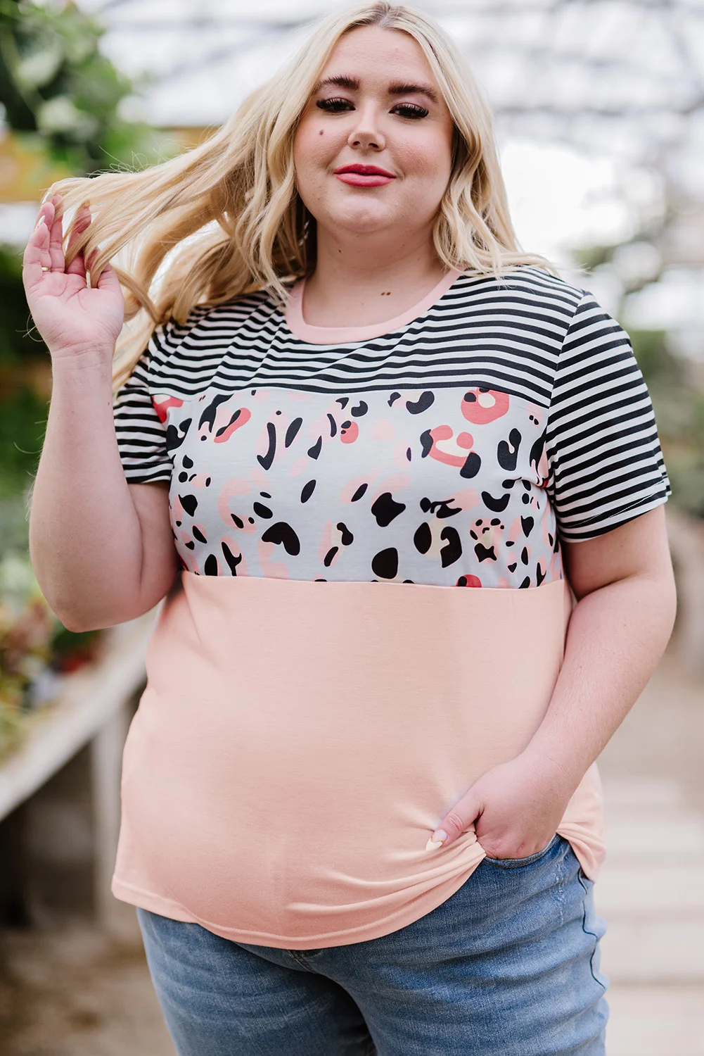 Pink Stripes Leopard Colorblock Plus Size Short Sleeve Top | IFYHOME
