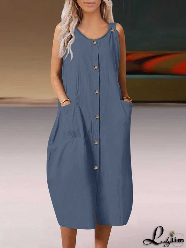 Solid Sleeveless Midi Dress with Pockets and Buttons