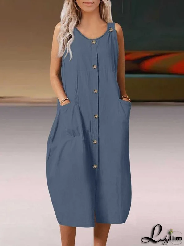 Solid Sleeveless Midi Dress with Pockets and Buttons