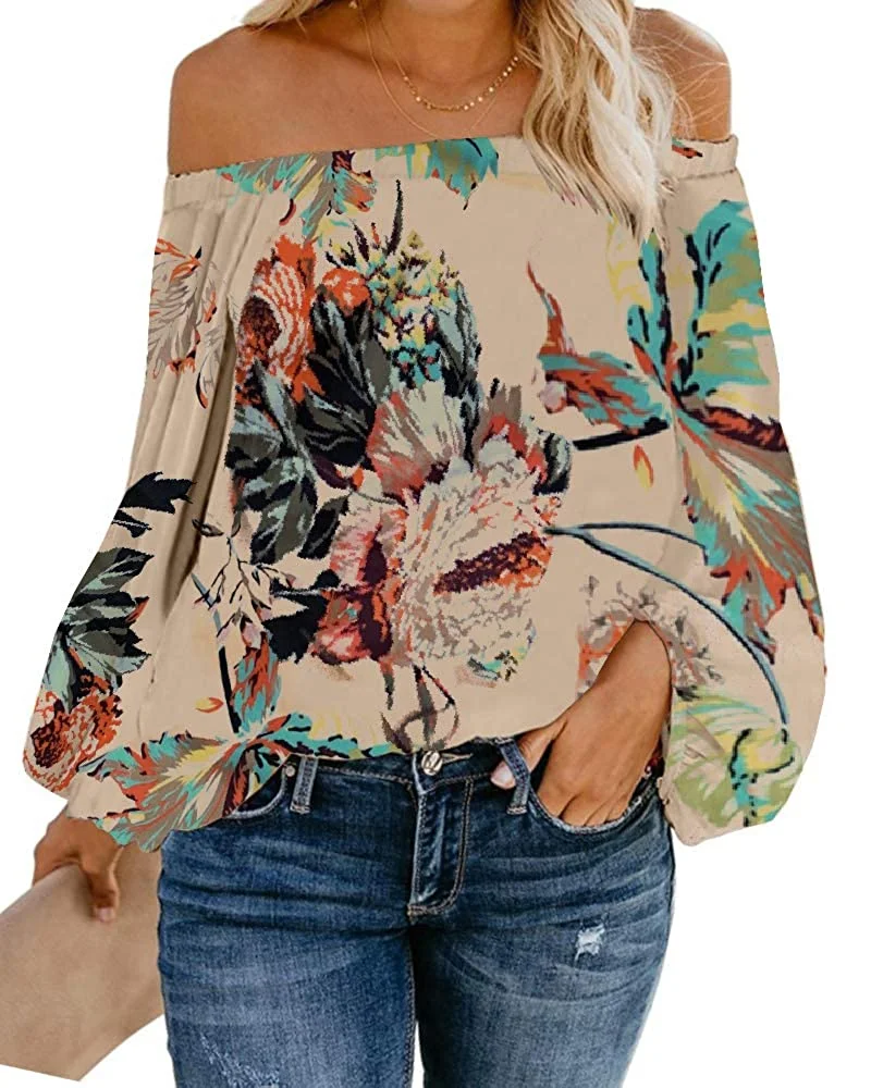 Womens Oversized Floral Blouse Off Shoulder Lantern Sleeves Chiffon Flowy Tops