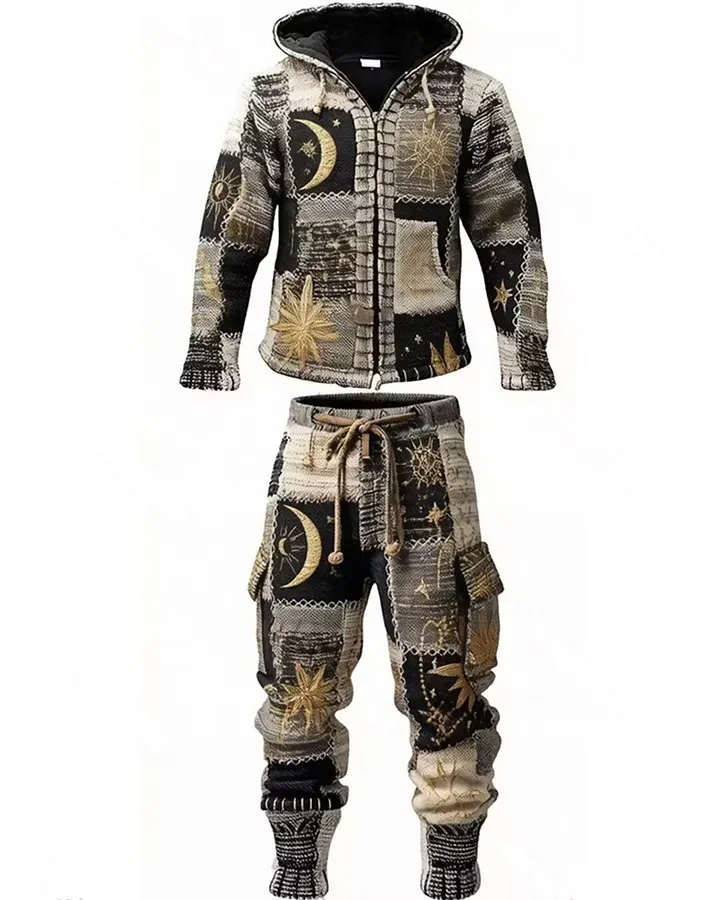 Men's Spring/Summer Fashion Star and Moon Embroidery Color Block Two-Piece Set 1366