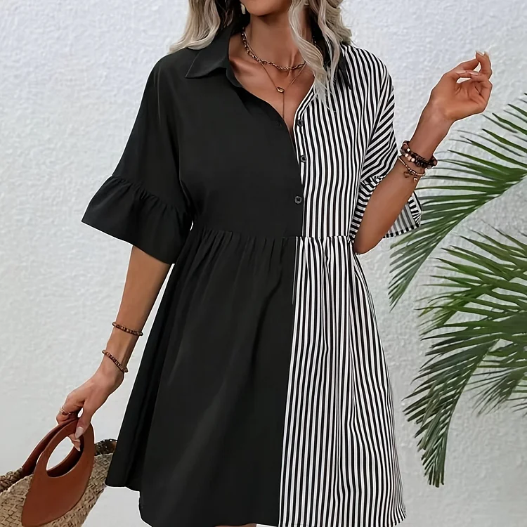 Color Block V Neck Dress, Cute Short Sleeve Dress For Spring & Summer, Women's Clothing