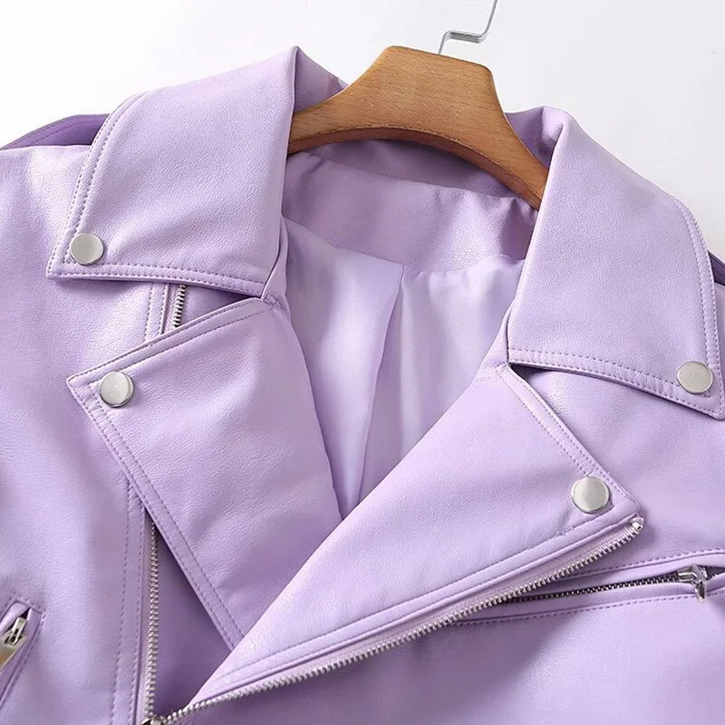 FTLZZ Spring Autumn Women Faux Leather Jacket Streetwear Lapel Oversized Purple Pu Leather Loose Coat with Belt Lady Outwear