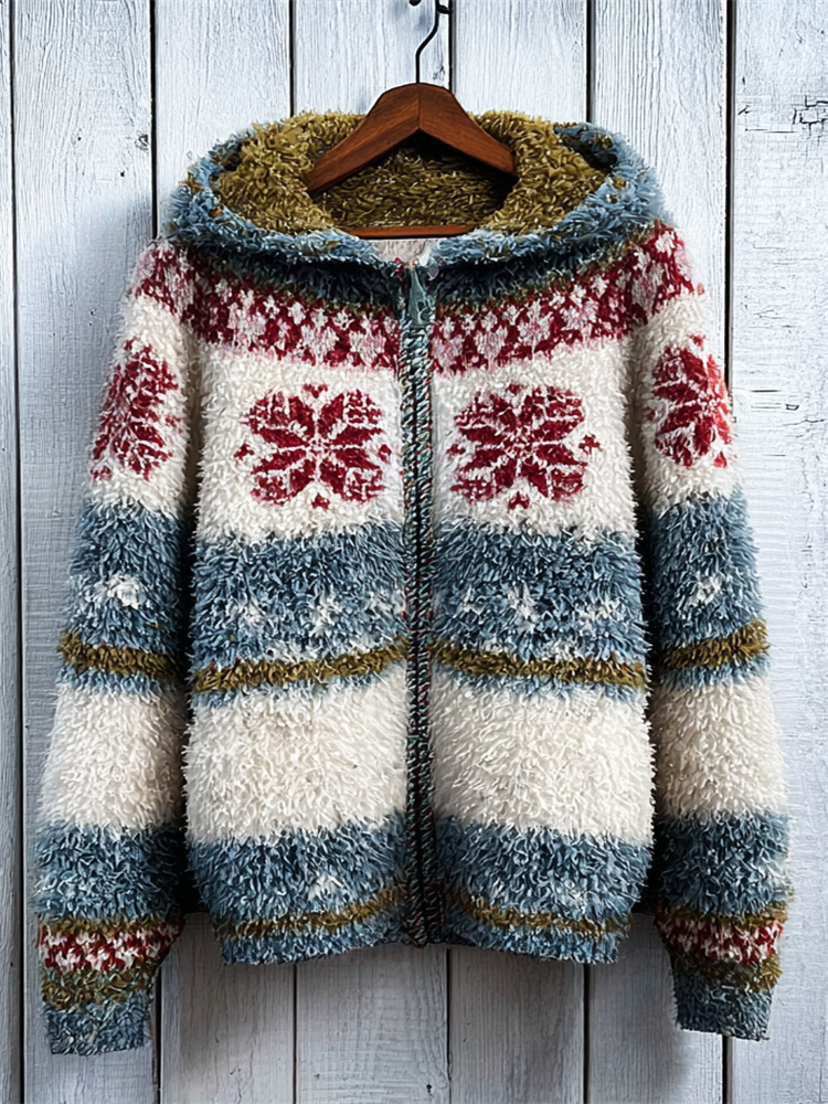 Vintage Winter Snowflakes Contrast Isle Cozy Hooded Fleece Jacket elevenforest