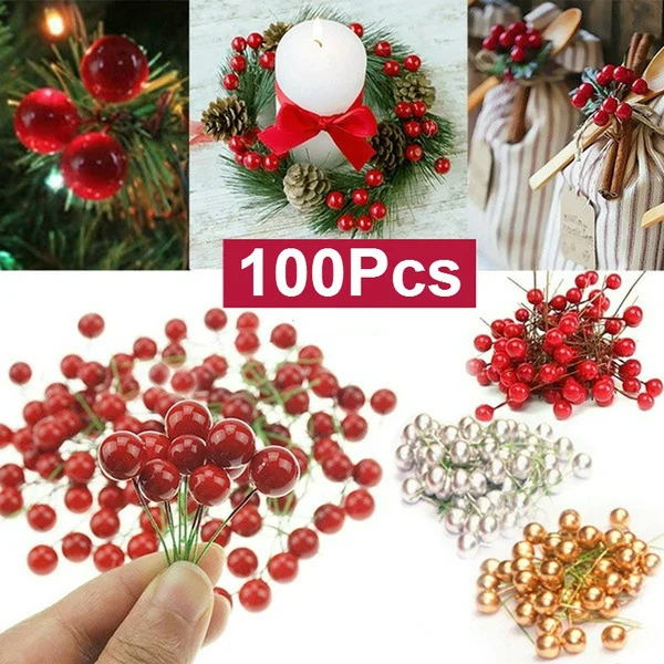 100Pcs Artificial Red Holly Berry Xmas Tree Ornaments Christmas Wedding Garland Home Decorations 10Mm