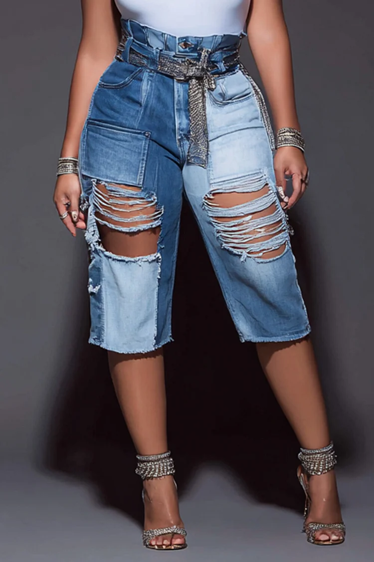 Xpluswear Design Plus Size Party Blue Distressed Denim Jeans [Pre-Order] 2024 - Xpluswear