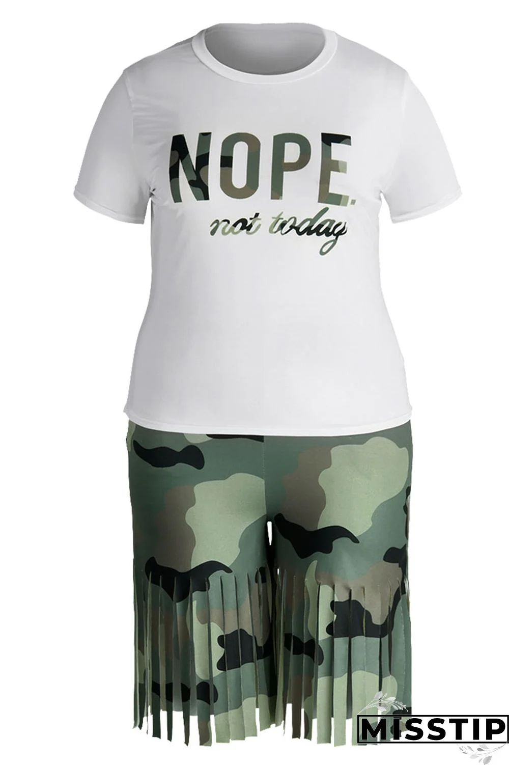 Black White Casual Street Print Tassel Patchwork O Neck Plus Size Two Pieces