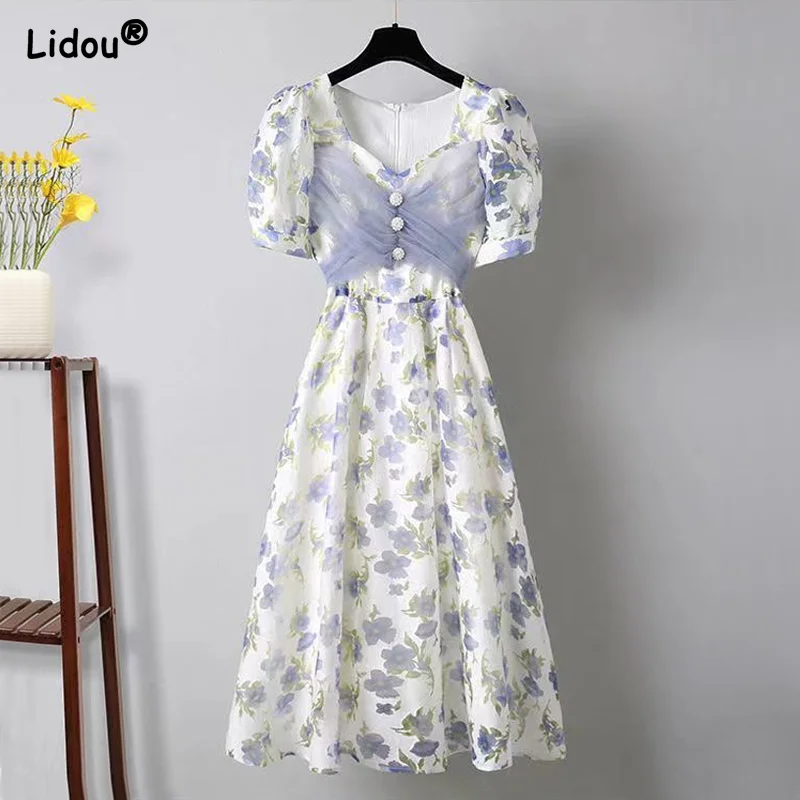 Jangj Elegant Slender Elegant Embroidered Floral A-line Skirt V-neck Short Sleeve Gauze Summer Fashion Women's Clothing 2022