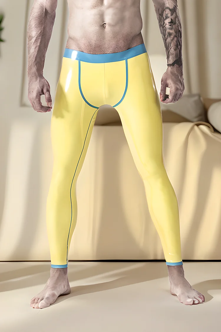 Men's Latex Leggings Male Fitness Muscle Yellow & Blue Leggings Vibrant Skinny Leggings