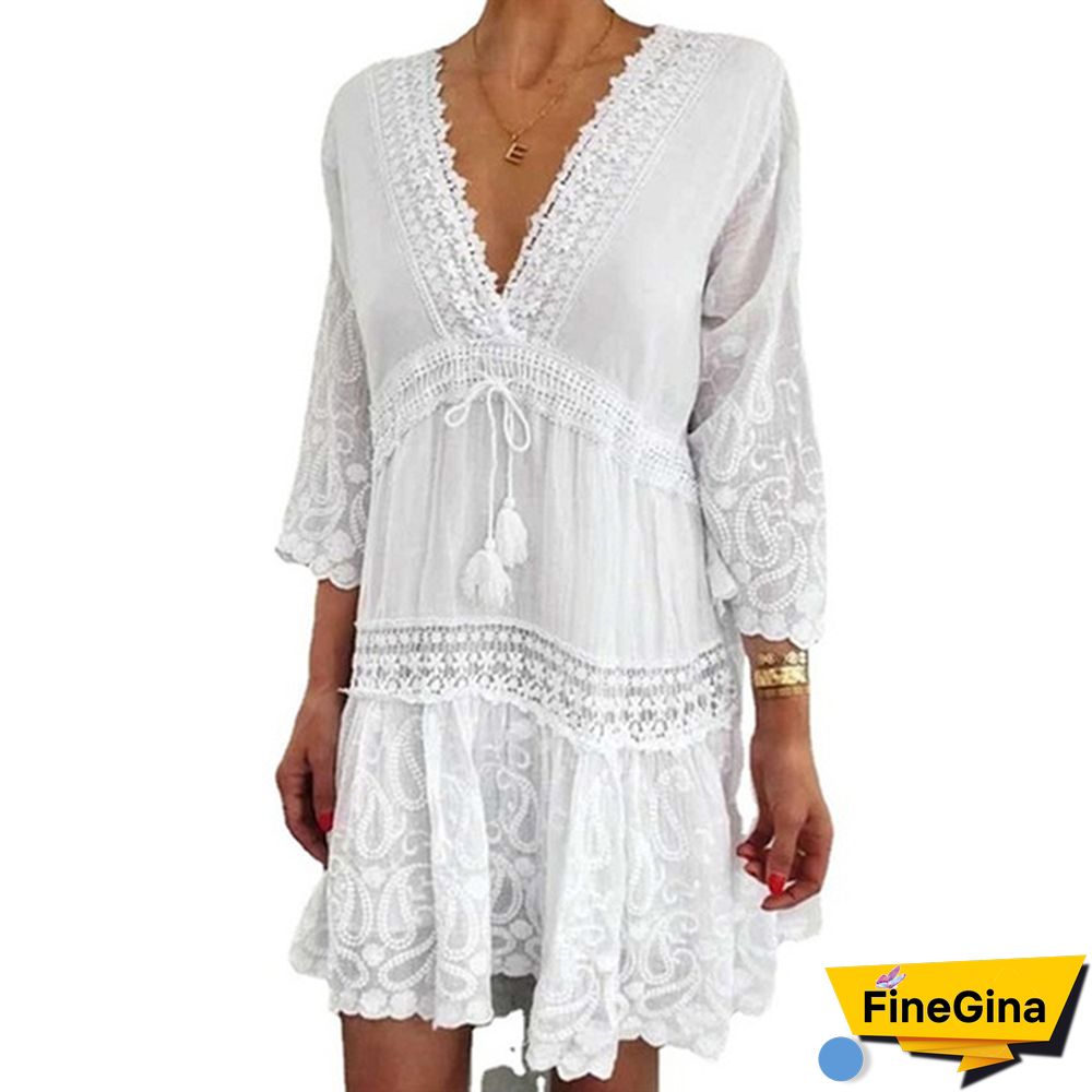 Women Fashion Floral Printed Dress Casual Beach Dress Summer V-neck Lace Dress Sexy Party Dress 3/4 Sleeve Boho Dress