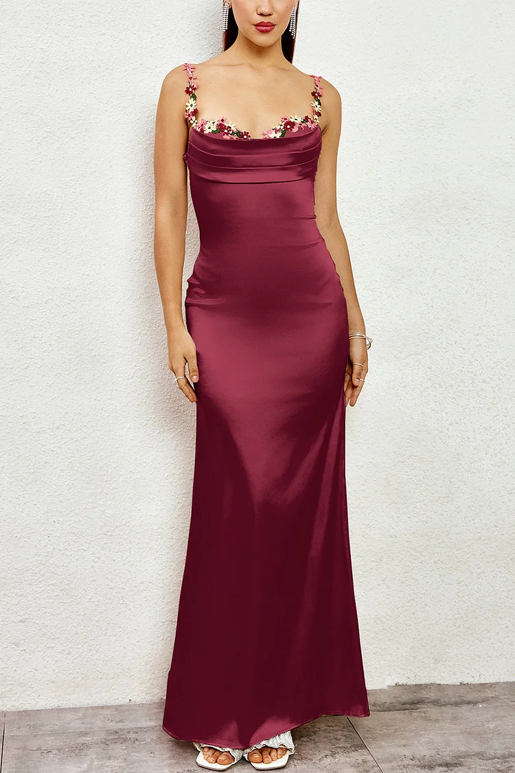Wedding Guest Burgundy Satin Floral Cami Maxi Dress