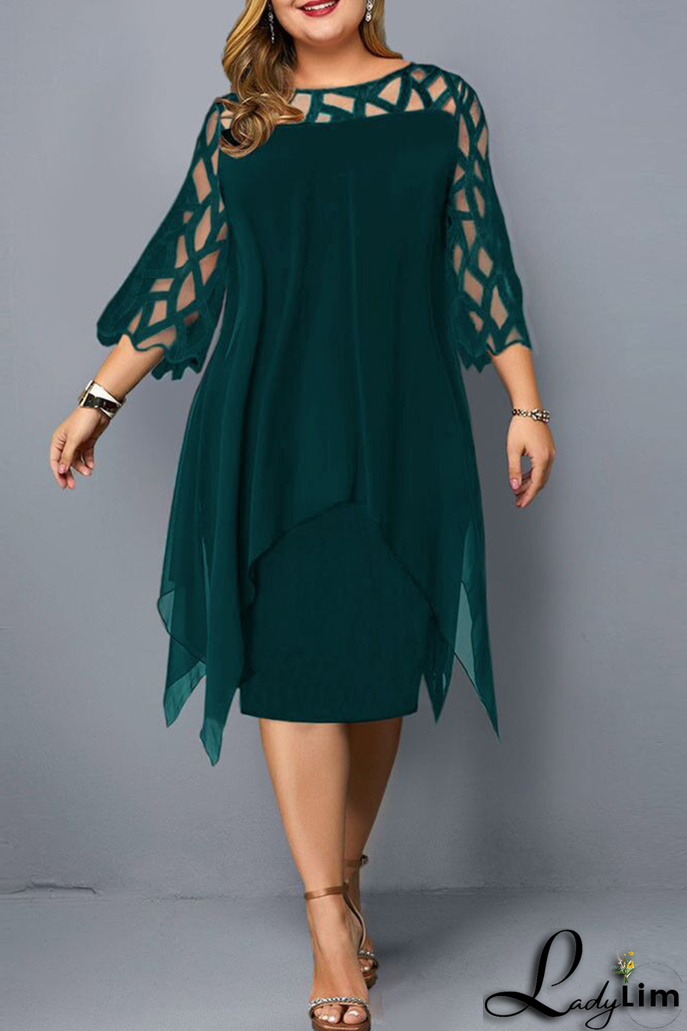 Ink Green Casual Solid Lace O Neck Straight Plus Size Dresses